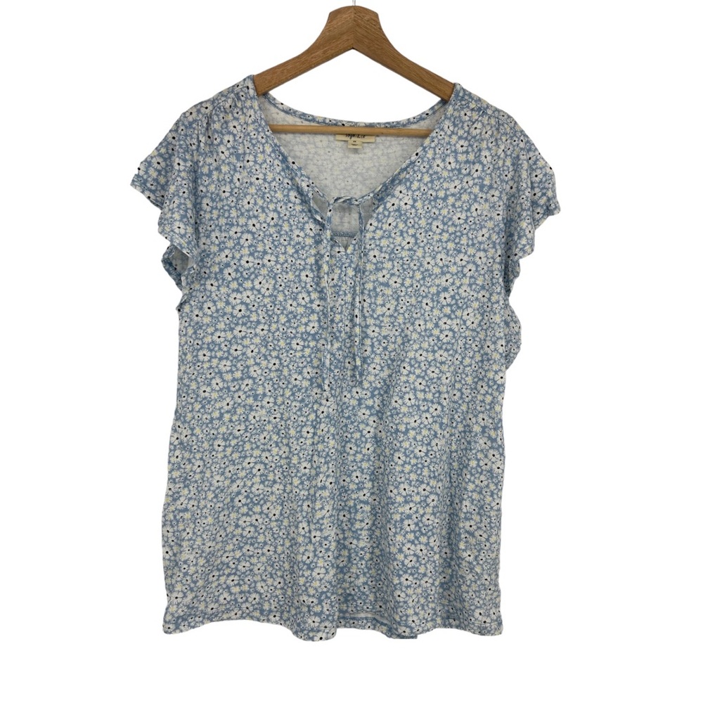 Style & Co Daisy Floral Print Blue White Flutter Sleeve Cotton Shirt